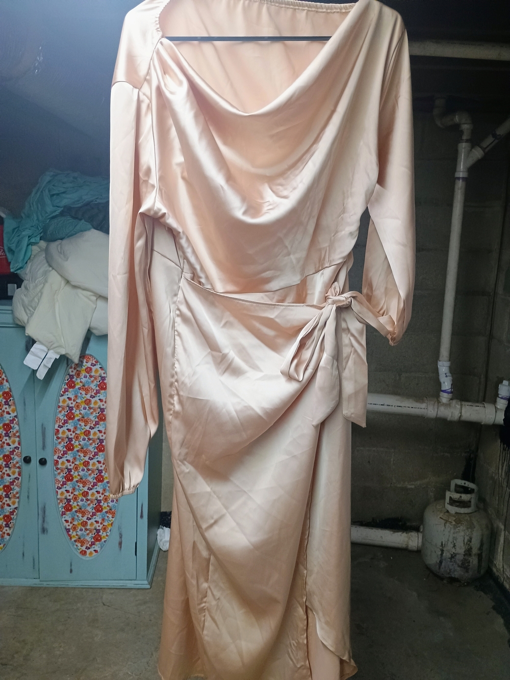 Satin Drape-Neck Wrap Dress in Blush
